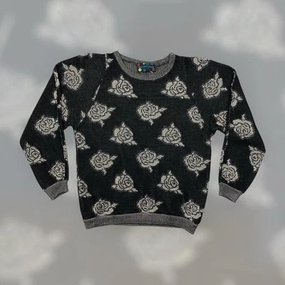VTG 80s 90s Bernie Blue Rose Pattern Knit Pullover Sweater Womens M Black Cute - Imagem 1 de 4