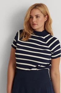 Lauren Ralph Lauren Striped Short Sleeve Sweater Navy Cream nautical beach - Picture 1 of 10