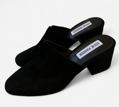 Steve Madden 麂皮高跟鞋女式 5.5 码黑色一脚蹬粗跟 — 第 1/4 张图片