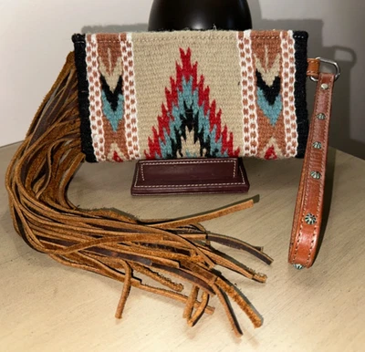 AMERICAN DARLING Southwest Wool and leather cowgirl clutch wristlet bag EUC - Image 1 of 4