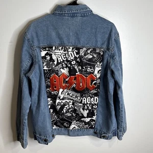 AC DC Mens Licensed Denim Jean Jacket HUGE Nylon Band Logo Patch Sz L - Picture 1 of 15