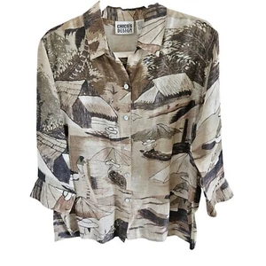 Chico's Design Size S (Chico 0) Silk & Linen Blouse Novelty Asian Print Sheer - Picture 1 of 6