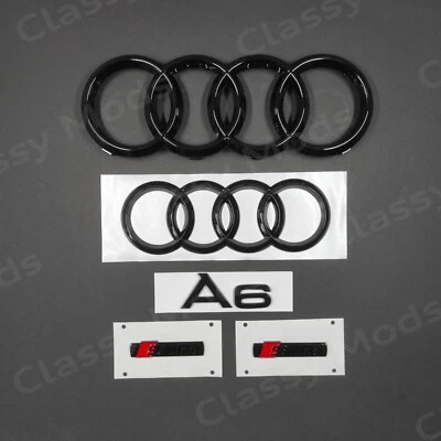 Audi A6 Front & Rear Rings Emblem Badges SET Gloss Black 3.0T TDI TFSI - Image 1 of 3
