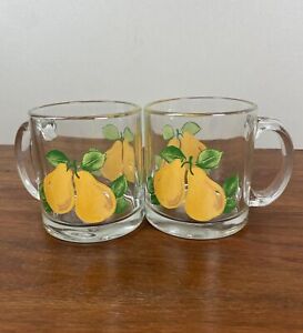 Libbey Vintage Heavy Clear Glass Mug with Pear Fruit Design 3-3/4"  Set of 2 EUC