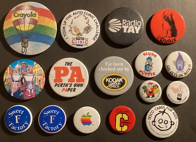 16 Vintage 1980 Pin Badges / Buttons Advertising UK Products or Businesses - Image 1 of 4