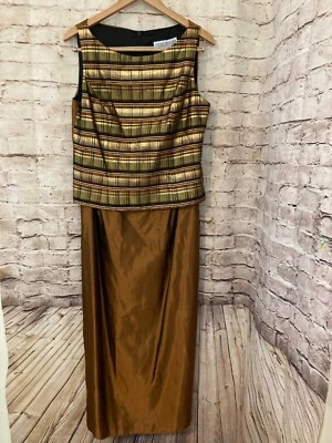 Vestido Jessica Howard Mujer 12 Cobre Óxido y Dorado Cuadros Lápiz Largo Completo Satinado Foto 1 de 4