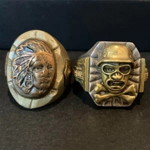 Heavy Mexican Vintage Biker Ring Set Handmade Mask Soldier Silver Brass US Size - Picture 1 of 7