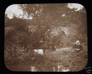 Glass Magic Lantern Slide YOUNG FISHERMEN C1900 EDWARDIAN CHILDREN  - Picture 1 of 2