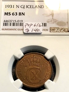 1931 N GJ Iceland 5 Aurar NGC MS63BN Mintage 311K KM-7.1 New Slab CHN - Picture 1 of 3