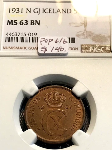 1931 N GJ Iceland 5 Aurar NGC MS63BN Mintage 311K KM-7.1 New Slab CHN Cover