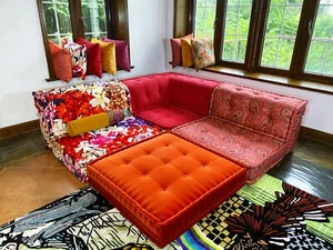 Mah Jong Sofa Red Orange Full Couch set for Living room Boho Floor Level Sofas - Picture 1 of 22