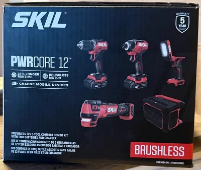 SKIL PWRCORE 12V 5 Tool Combo Brushless Power Tool Kit 2 Batteries & Charger New - Image 1 of 4