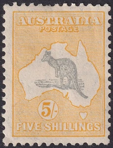 Australia 1932 KGV Roo 5sh Gris y Amarillo wmk CofA Como Nuevo SG135 gato £180 - Imagen 1 de 2