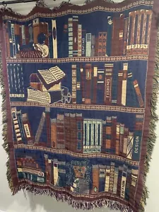 Manta de tapiz biblioteca libros estantería planta algodón flecos vintage - Imagen 1 de 9