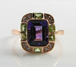 CUSTOM 9K 9CT ROSE GOLD AMETHYST PERIDOT DIAMOND ART DECO INS RING Size S - Picture 1 of 5