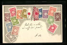 Präge-AK Japan, Briefmarken und Landesfahne 