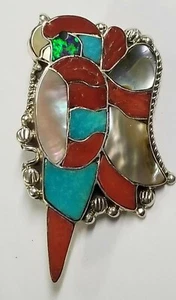Signierte Southwest Sterling Papagei Koralle Türkis Opal MOP Brosche Anhänger 6,6 g - Bild 1 von 4