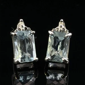 10K White Gold Diamond & Sugarloaf Cut Aquamarine Earrings 1.1g (WCP032432) - Picture 1 of 5