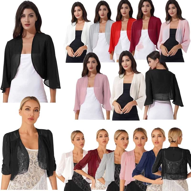 Women's Chiffon Shrugs 3/4 Sleeve Open Front Bolero Cardigan Mesh Sheer Shawl - Image 1 of 1