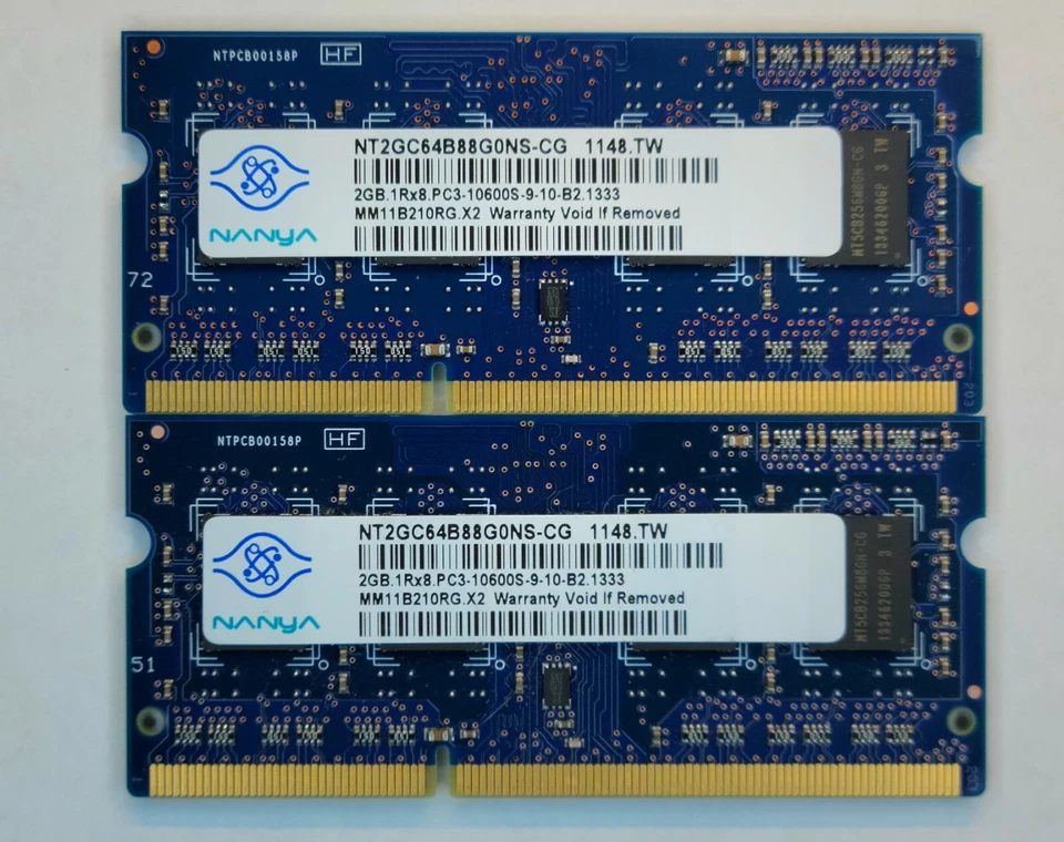 Nanya 4GB (2x2G) PC3-10600S DDR3 1333MHz SODIMM Laptop Memory NT2GC64B88G0NS-CG - Image 1 of 1