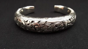 Men Women 925 Sterling Solid Silver Cuff Bangle Engrave Flower Open Bracelet  - Picture 1 of 5