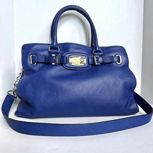 Michael Kors Hamilton Purse Satchel Large Pebble Leather Blue Shoulder 3 Section - Picture 1 of 22