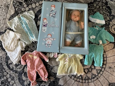 Vintage Ideal Tiny Thumbelina Lot: Doll, Case & Extra Outfits - Image 1 of 4