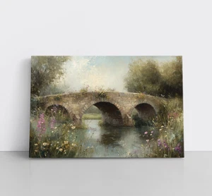 Rustikale Steinbrücke erdiges Gemälde Druck auf gerahmter Leinwand Wandbild Wildblumen - Bild 1 von 15