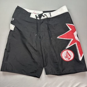 Volcom Board Shorts Mens 38 Black Red Bruce Star Mod Polyester Swim Trunks Beach - Picture 1 of 18