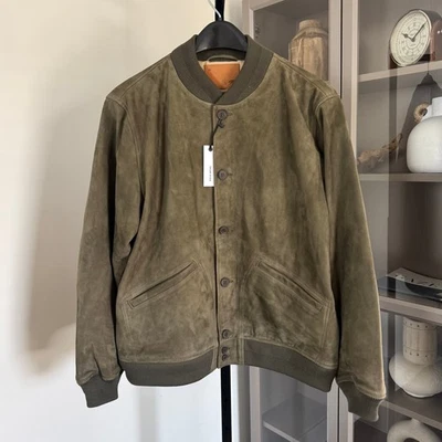 Taylor Stitch The Bomber Jacket Army Green Goat Suede 44 NEW Leather Button Coat - Image 1 of 4