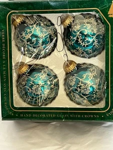 Vintage Box Of 4 Glass Christmas Ornaments By Krebs Blue Green With Gold In Box - Picture 1 of 2