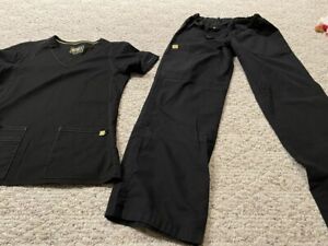 Women black scrub pants shirt set size XS Wonderwink work wear classic hospital 