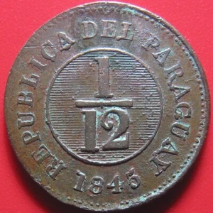 1845 PARAGUAY 1/12 REAL RARE CRUDE ISSUE! ASUNCION MINT MEDALLIC ROTATION KM#1.2 - Picture 1 of 2