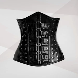 Black Patent PVC Underbust Corset Waist Trainer Steel Boned Criss Cross Lacing - Picture 1 of 7