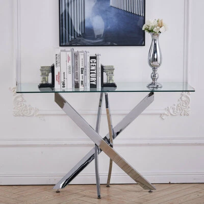 Rectangle Clear Tempered Glass Dining Table Cross Chrome Leg Side Tables Kitchen - Image 1 of 4