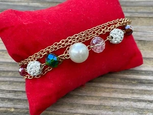 Women Bracelet Fashion Jewelry Faux Pearl and Beads Multi Color Gold Tone Chain - Picture 1 of 12