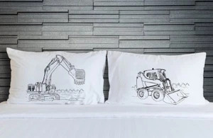 Construction Vehicles Cotton Pillowcases Excavator Skid Steer Bedding Boys Room - Picture 1 of 2