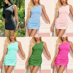 Damen Sommer Bodycon Minikleid Mode Seite Kordelzug gerruchtet Kleid Neu - Bild 1 von 4