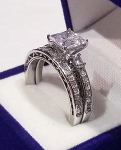 CLEARANCE Princess Engagement Ring Wedding Set simulated Diamond Stainless steel - Picture 1 of 10