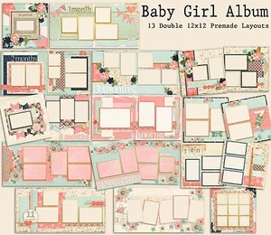 BABY GIRL ALBUM - Set of 13 Double Page Premade Baby Scrapbook Layouts - Picture 1 of 12