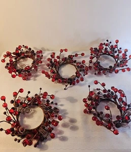 Red Berry Beaded Candle Holder 5"D x 1 1/2"H - Picture 1 of 5