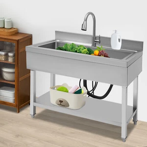 Single Bowl Stainless Steel Commercial Sink Kitchen Sink Freestand Sink+Faucet - Picture 1 of 18