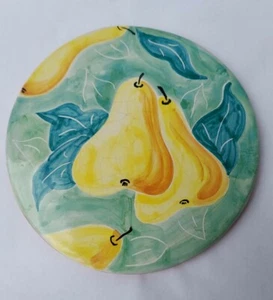 Italian Terra Cotta Polychrome Painted Pears Round Tile Trivet, Impressed Mark - Picture 1 of 4