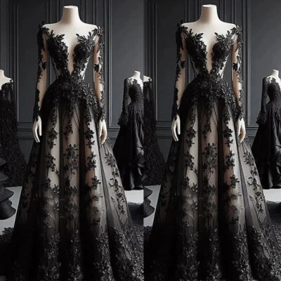 Gothic Black and Champagne Wedding Dress Long Sleeves Lace Appliques Bridal Gown - Image 1 of 4