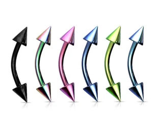 6 Titanium Plated Over Steel Eyebrow Ear Curved Bars 4mm Spikes - 14g 10mm #6TS - Picture 1 of 1