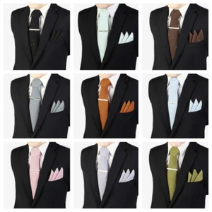 Men Wide Shiny Necktie Handkerchief Tie Bar Clip Pocket Square Business Set - Picture 1 of 23