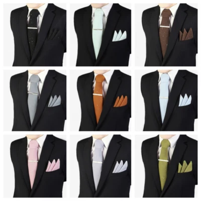 Men Shiny 8CM Wide Necktie Handkerchief Tie Bar Clip Pocket Square Business Set - Image 1 of 3