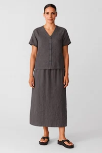 Eileen Fisher 2-teiliges Set Top Shirt Bluse & langer Rock 100% Leinen grau MEDIUM - Bild 1 von 11
