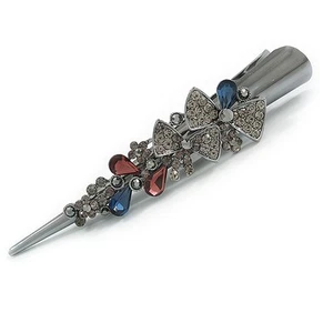 Fermaglio becco capelli fiocco cristallo austriaco prugna grigio scuro/blu notte/prugna grande/ - Foto 1 di 4