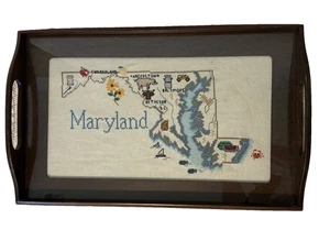 Vintage Maryland Sampler Cross Stitch Tray Framed Glass Folk Art Crabs Sailboat - Picture 1 of 16